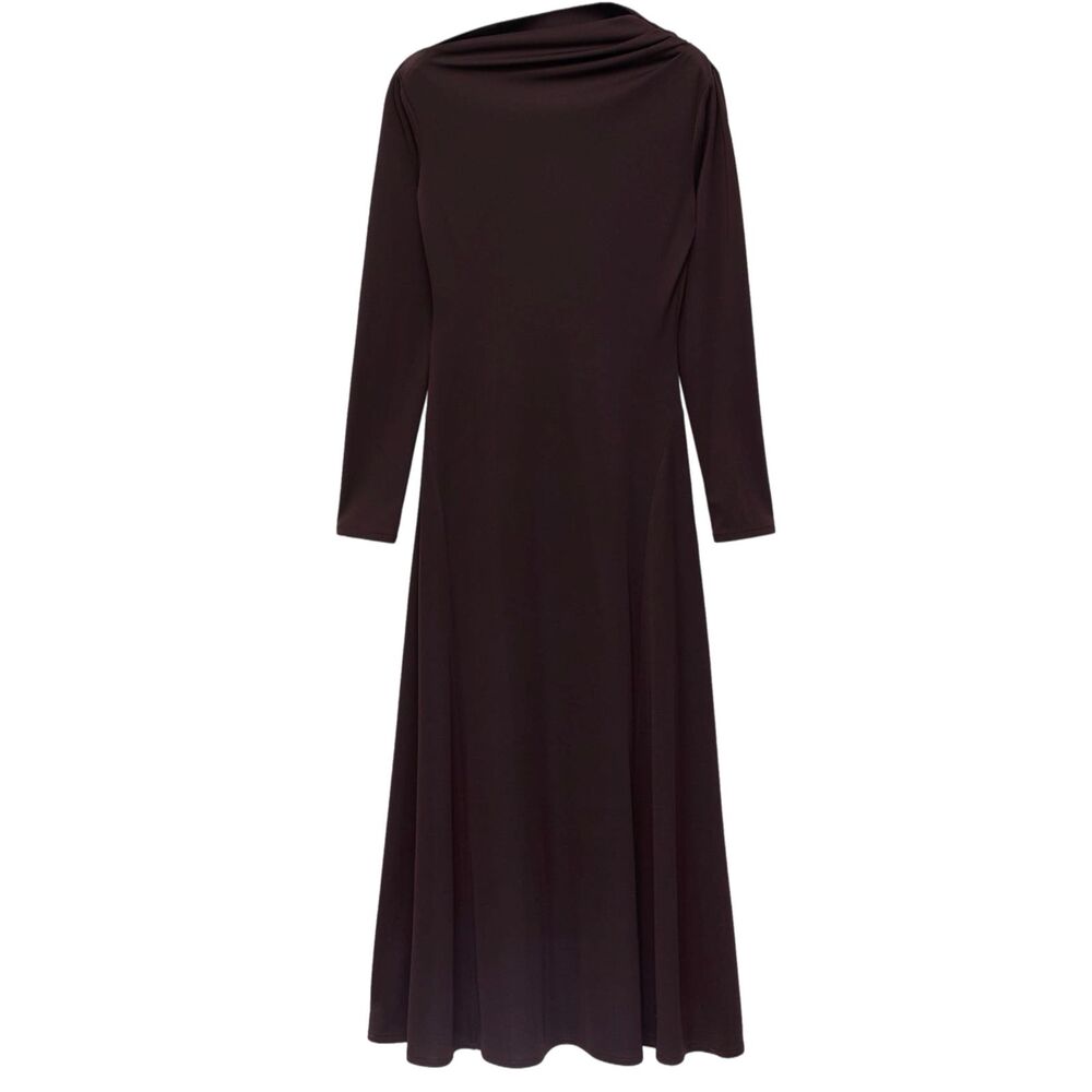 MANGO A-Line Asymmetrical Neck Long Sleeve Midi Dress Brown Size 6 M
